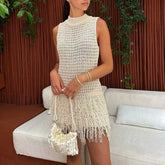 Kniitted Hollow Out Patchwork Tassel Short Dress